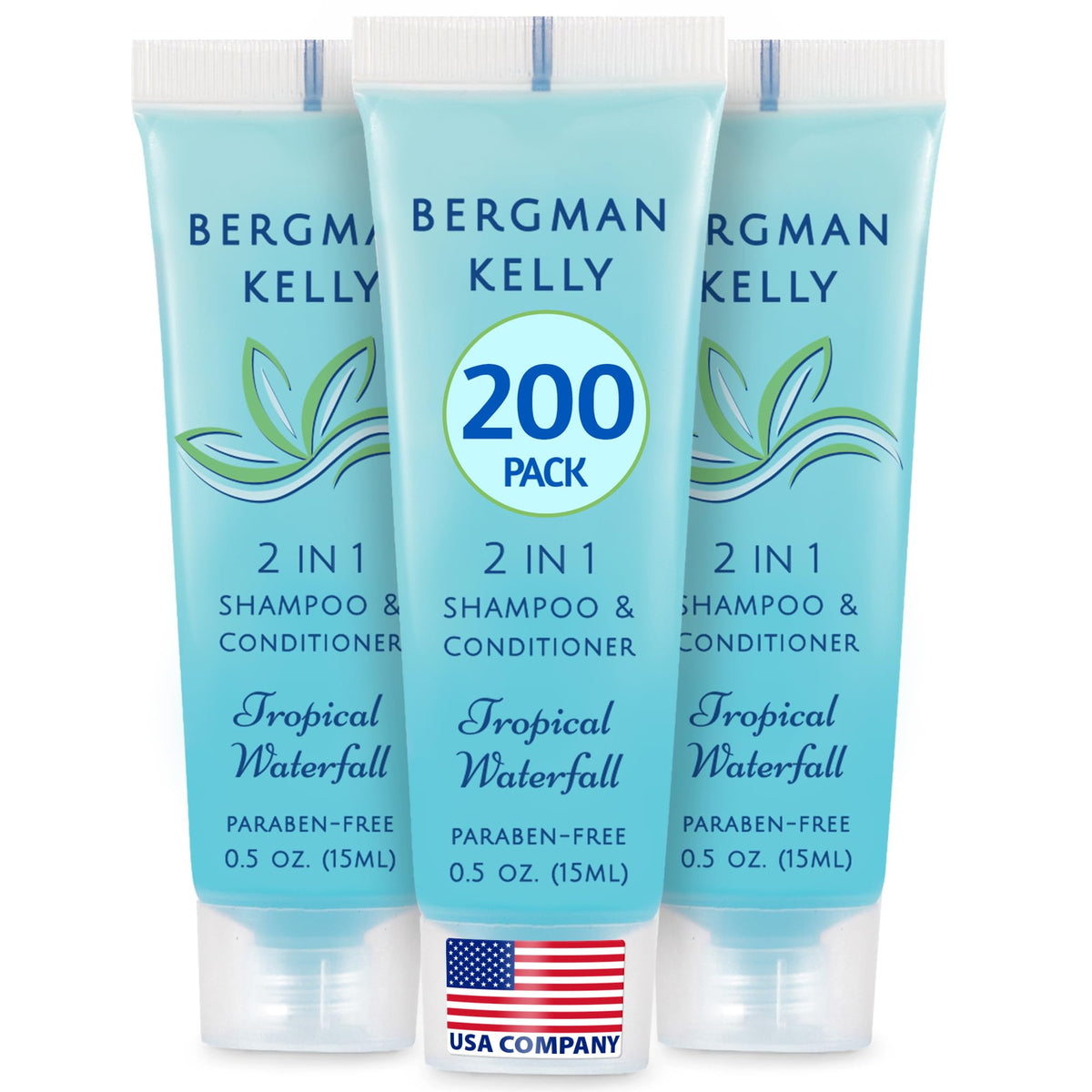 BERGMAN KELLY travel-size 2-in-1 bottle with Tropical Waterfall scent for guest bathrooms.