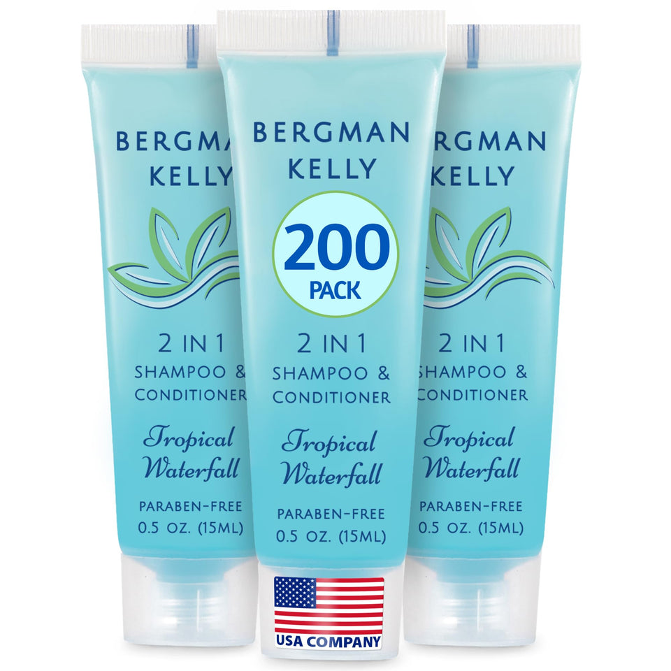BERGMAN KELLY travel-size 2-in-1 bottle with Tropical Waterfall scent for guest bathrooms.