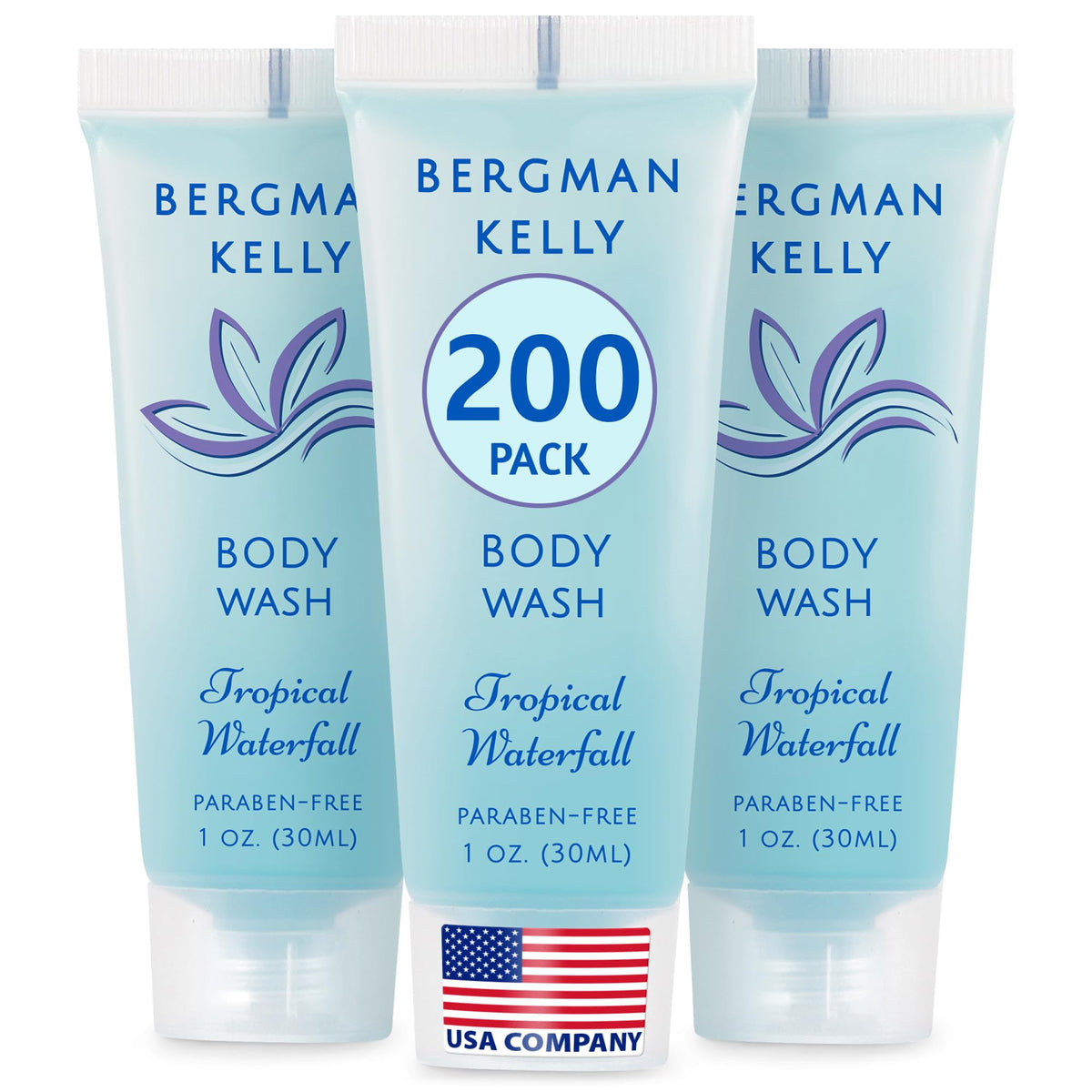 BERGMAN KELLY travel size body wash tropical waterfall bottle for guest rooms.