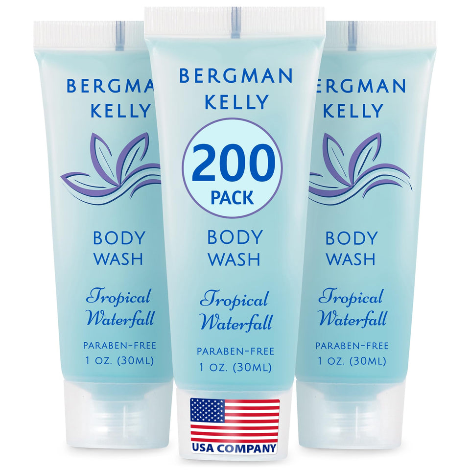 BERGMAN KELLY travel size body wash tropical waterfall bottle for guest rooms.