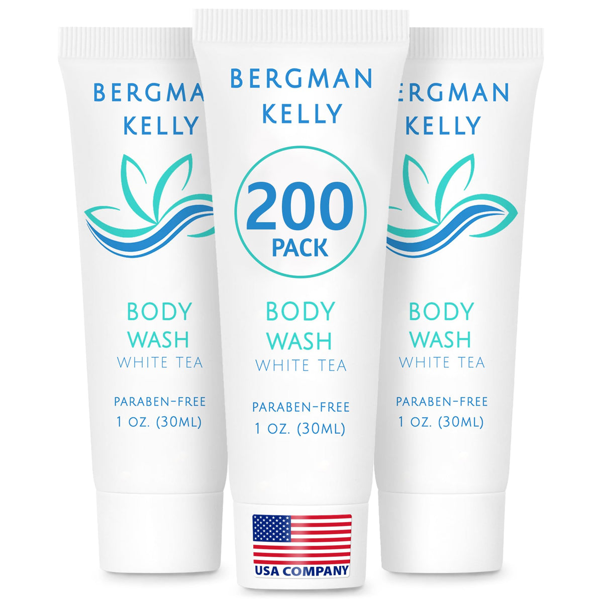 BERGMAN KELLY travel size body wash with white tea, foil-sealed for freshness.