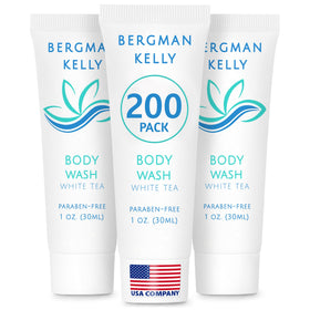BERGMAN KELLY travel size body wash with white tea, foil-sealed for freshness.