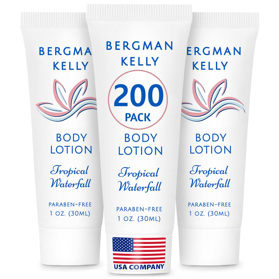 BERGMAN KELLY travel-size lotion 1oz bottle for guest rooms with refreshing aroma.