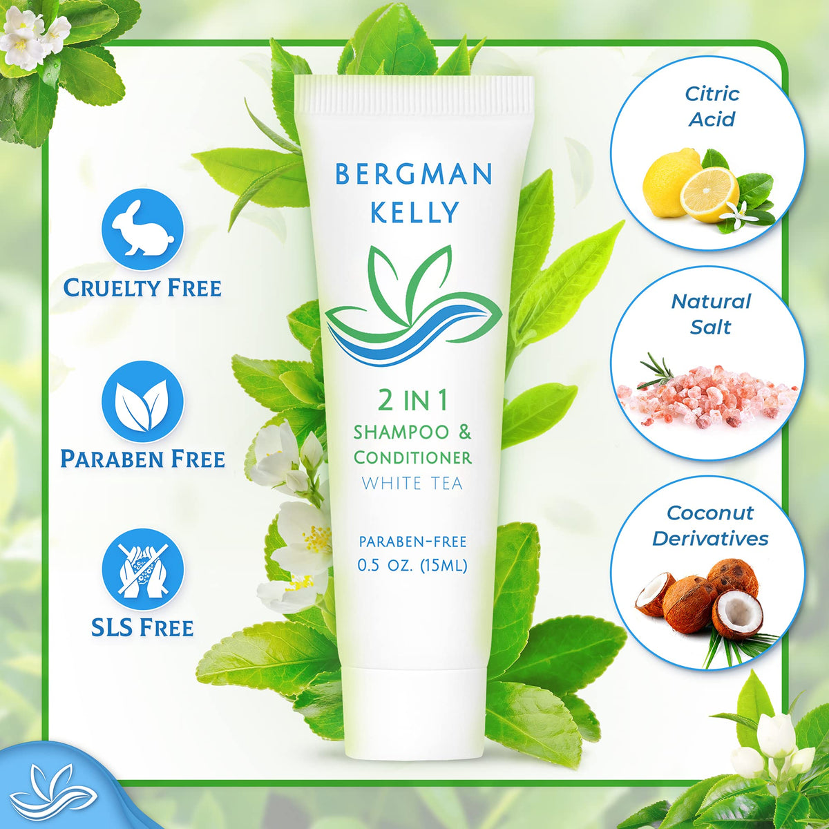 BERGMAN KELLY travel-size packaging for easy guest toiletries.