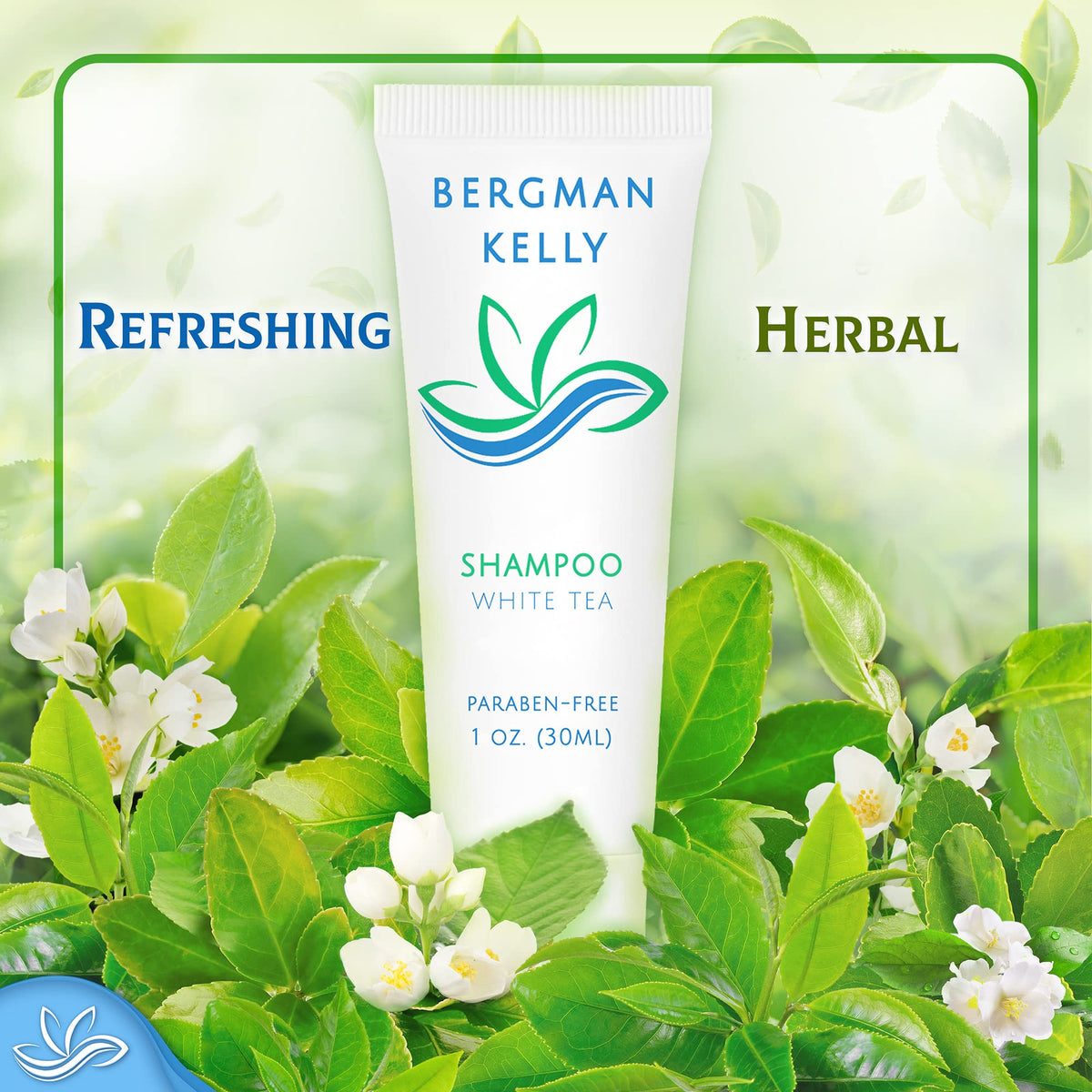 BERGMAN KELLY white tea-scented shampoo bottle elevates guest experience.