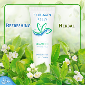 BERGMAN KELLY white tea-scented shampoo bottle elevates guest experience.