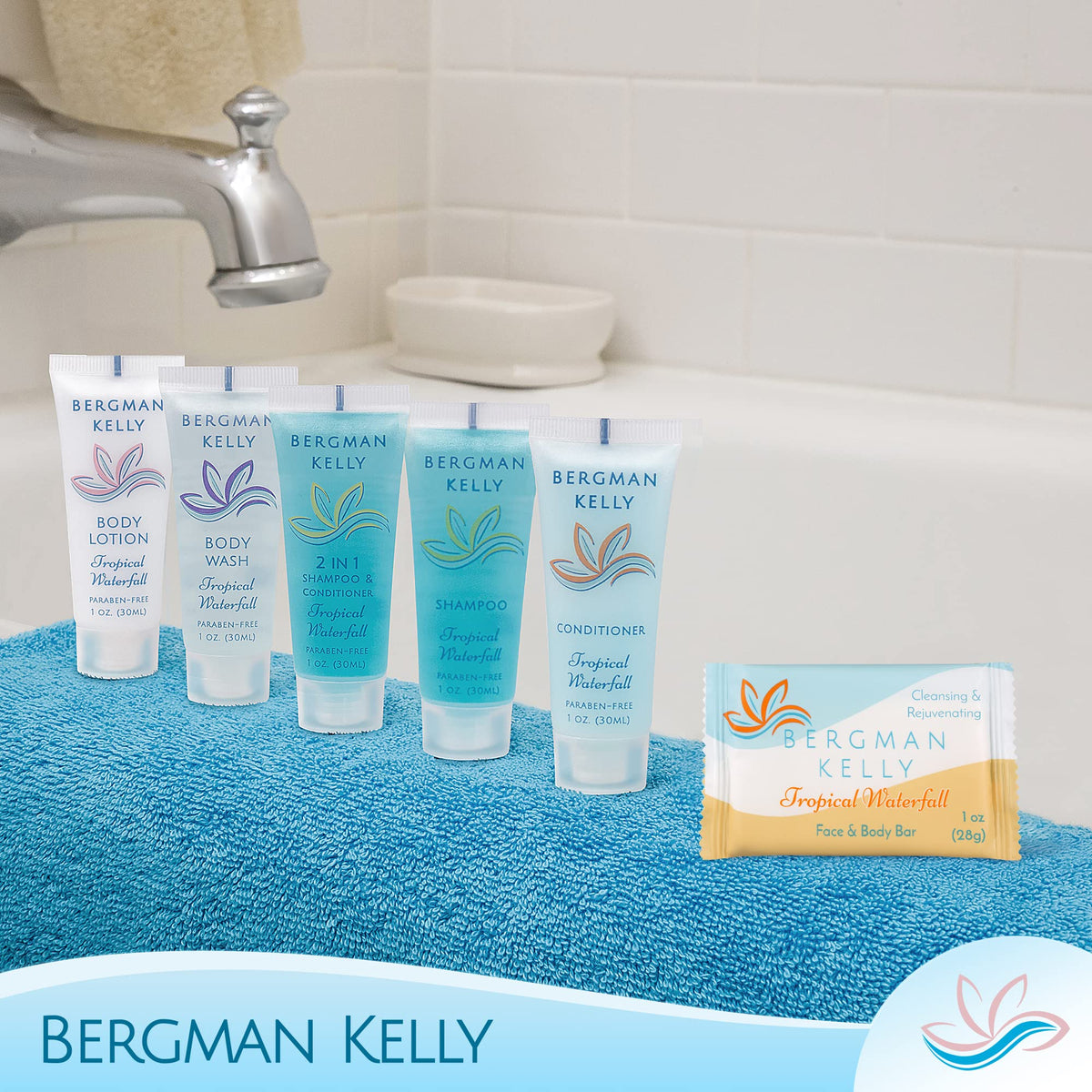 Hotel room display featuring BERGMAN KELLY soap bars for guests.