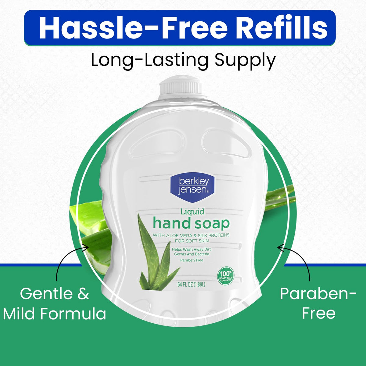 Berkley Jensen bottle label features Aloe Vera and Silk Protein for softer skin