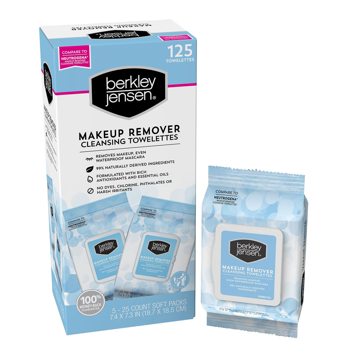 Berkley Jensen Makeup Remover Wipes pack of 125 towelettes for on-the-go cleansing.