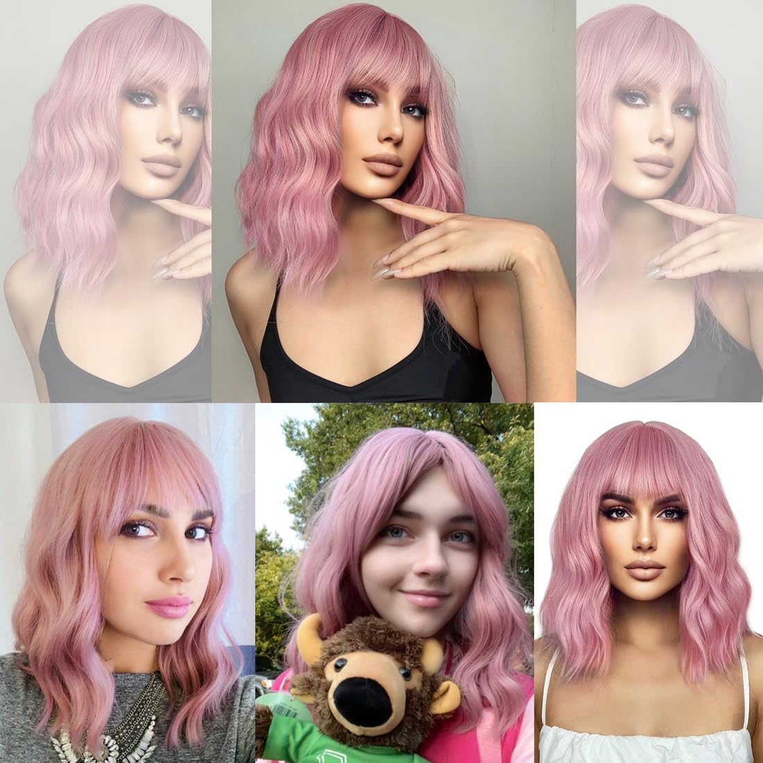 BERON 14-inch pink wig worn on model for versatile styling