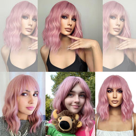 BERON 14-inch pink wig worn on model for versatile styling