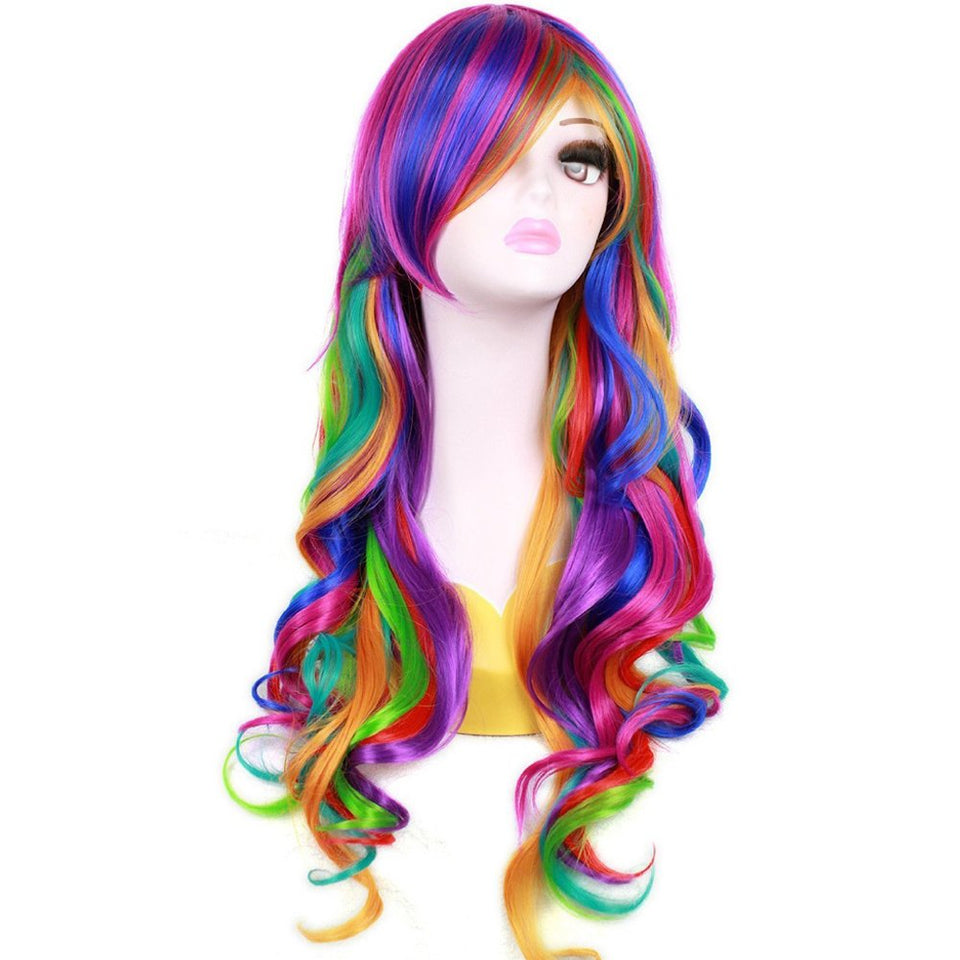 BERON Rainbow Wig with long curly bangs offers vibrant color and voluminous movement.