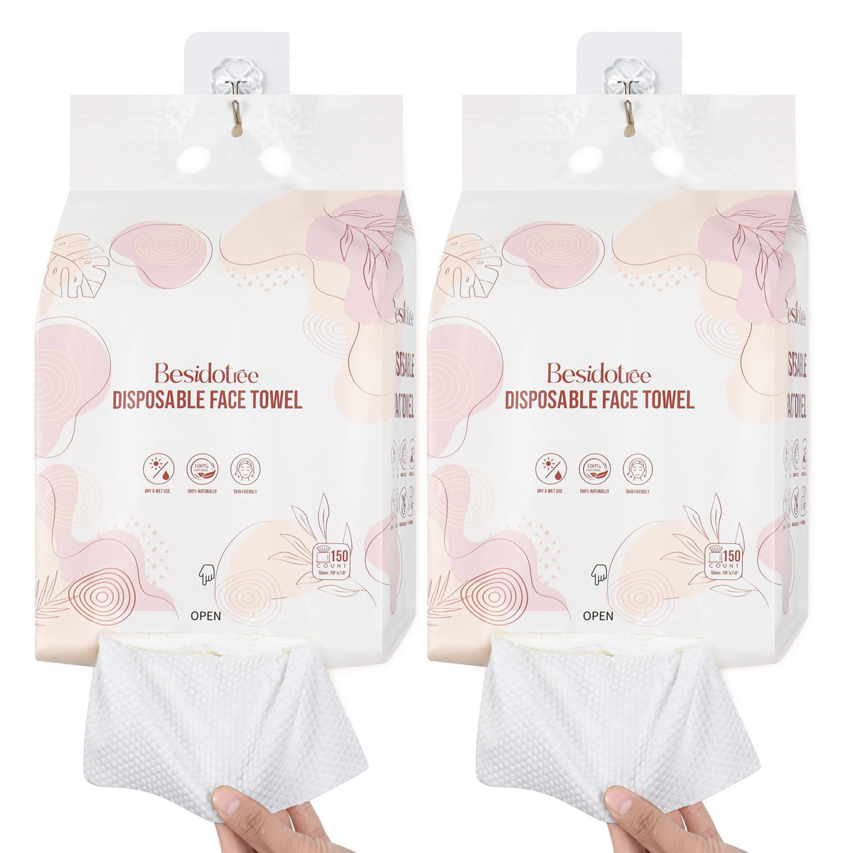 BESIDOTREE disposable face towels hanging over a door for easy skincare access