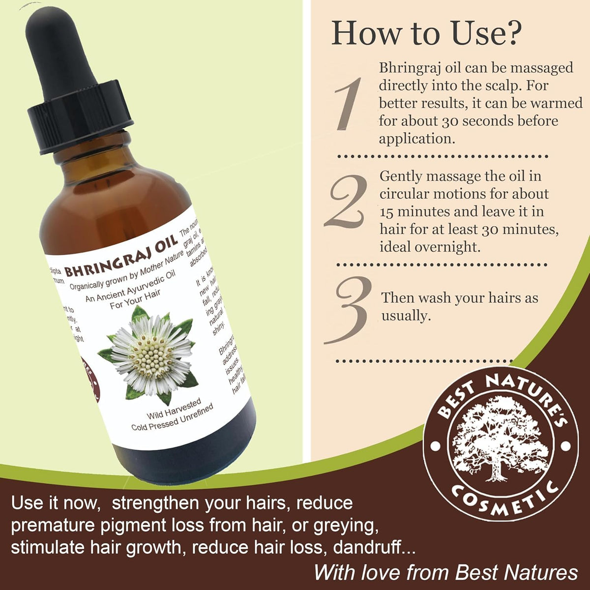 Best Nature's Cosmetics Bhringraj oil label closeup highlights natural ingredients