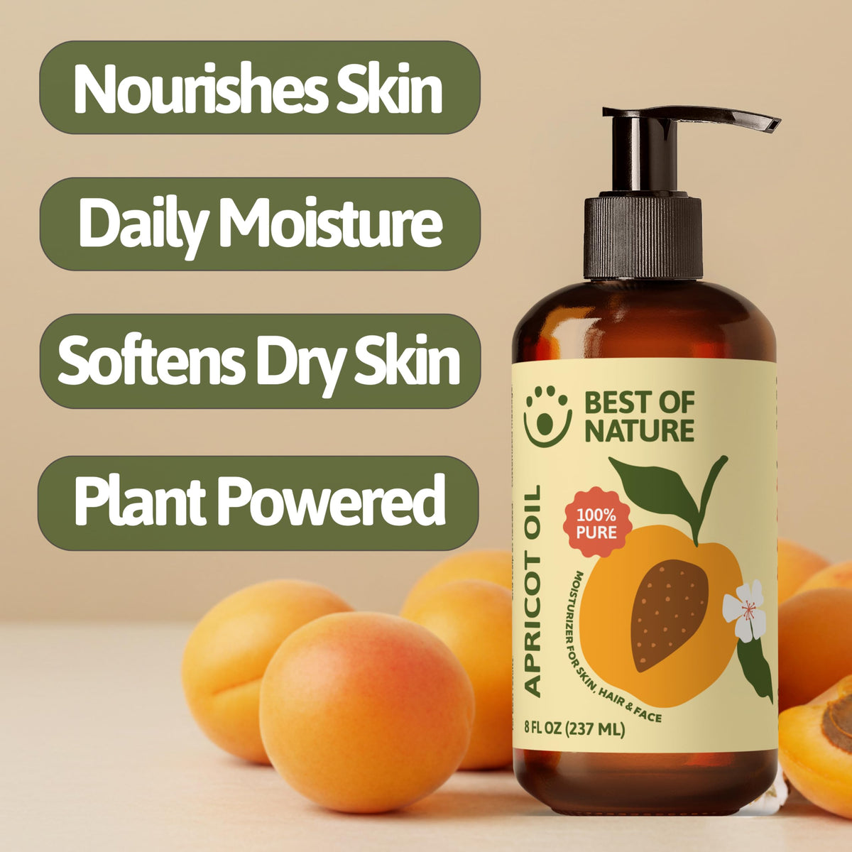 Ingredient close-up of Best of Nature apricot oil emphasizing natural kernel-derived nourishment.