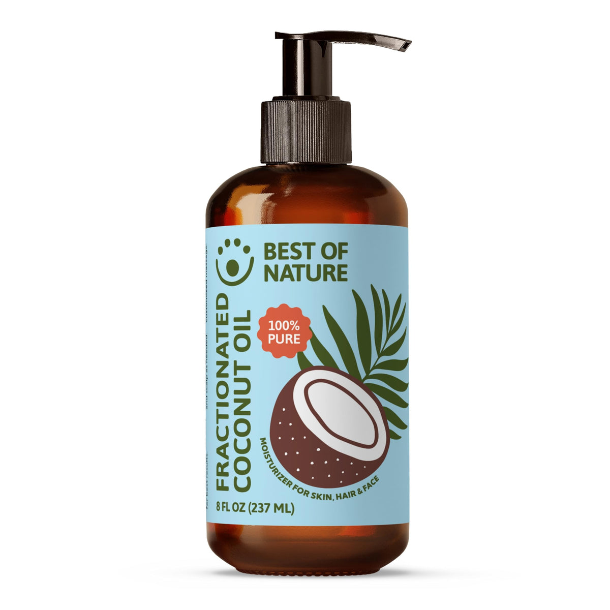 Best of Nature Fractionated Coconut Oil bottle with pump front for easy, non-greasy hydration