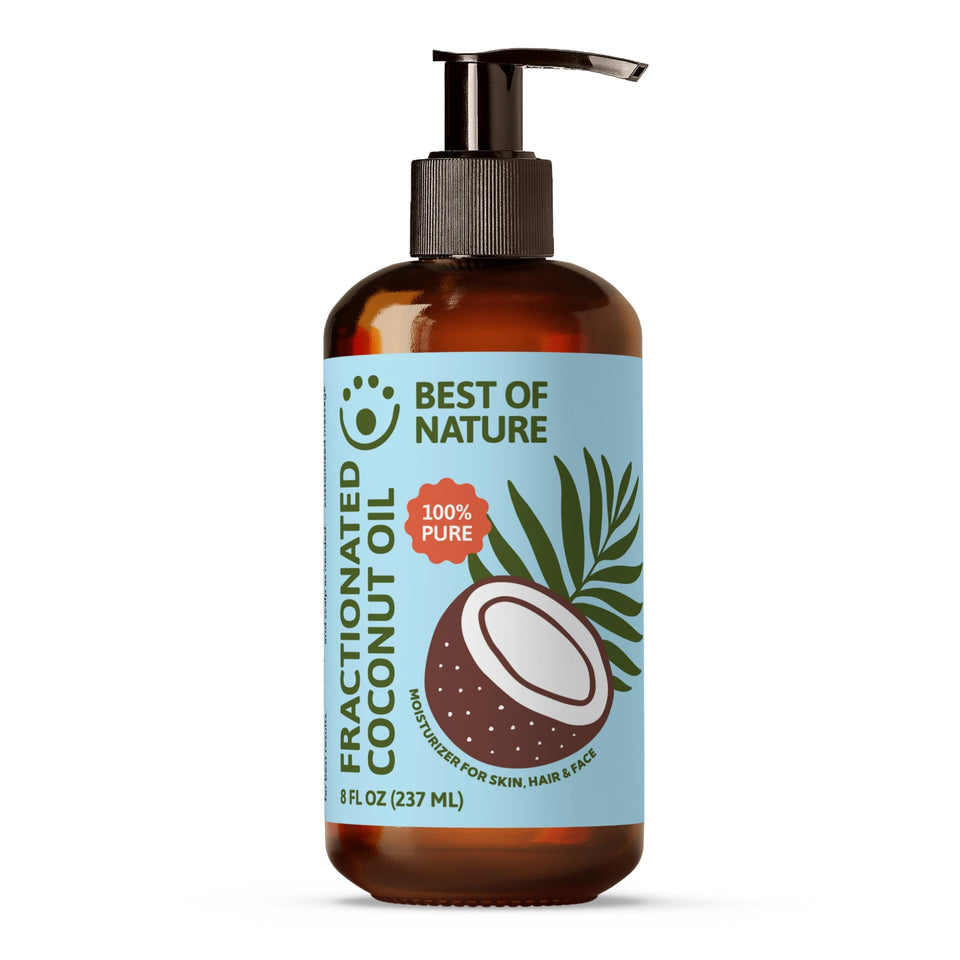 Best of Nature Fractionated Coconut Oil bottle with pump front for easy, non-greasy hydration