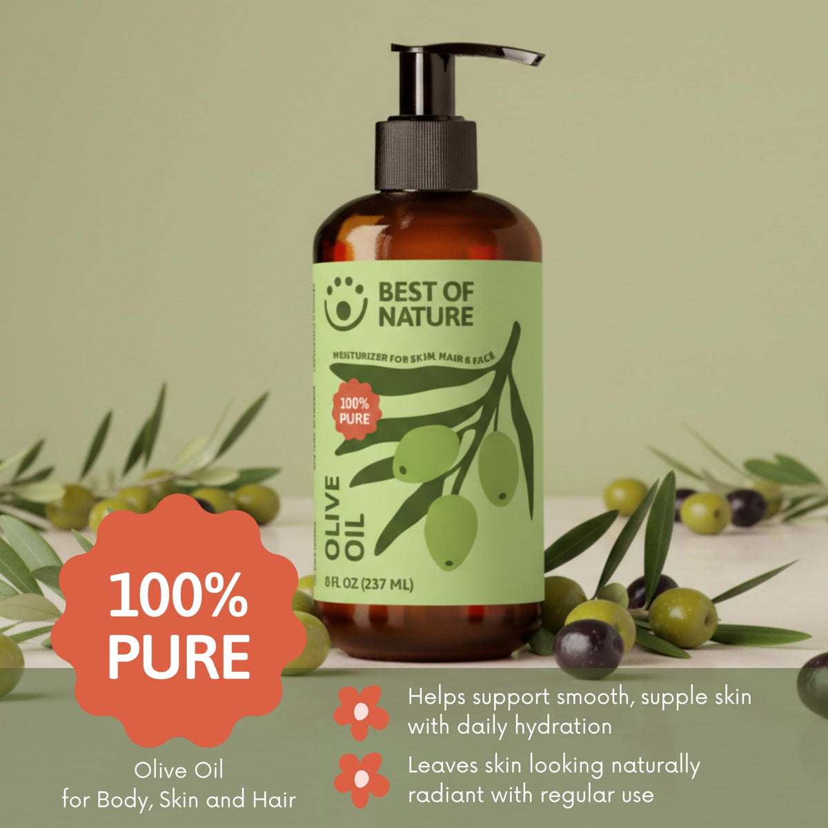 Best of Nature Olive Oil massage image highlights long glide for soothing sessions.