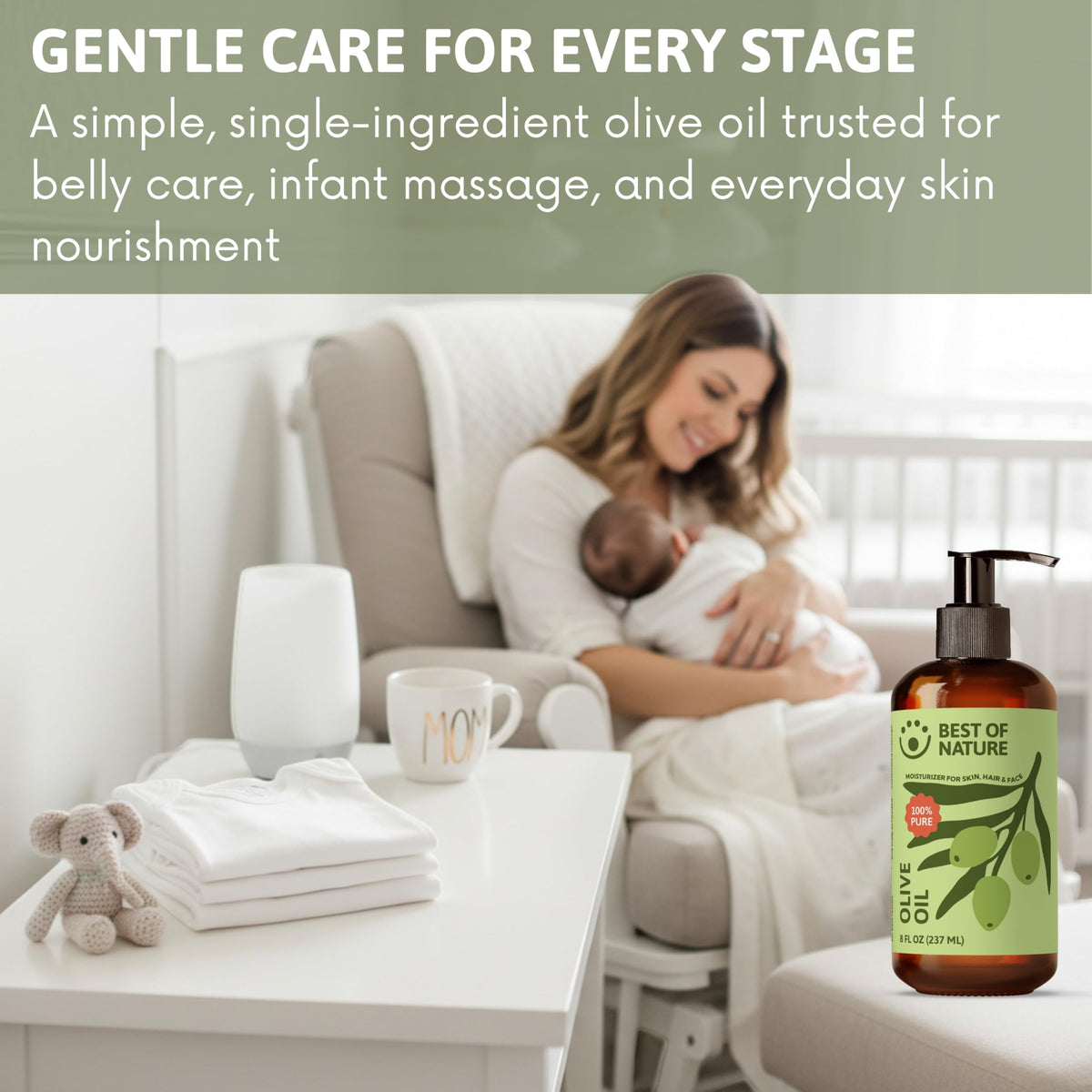 Best of Nature Olive Oil on skin promotes elasticity and even tone.