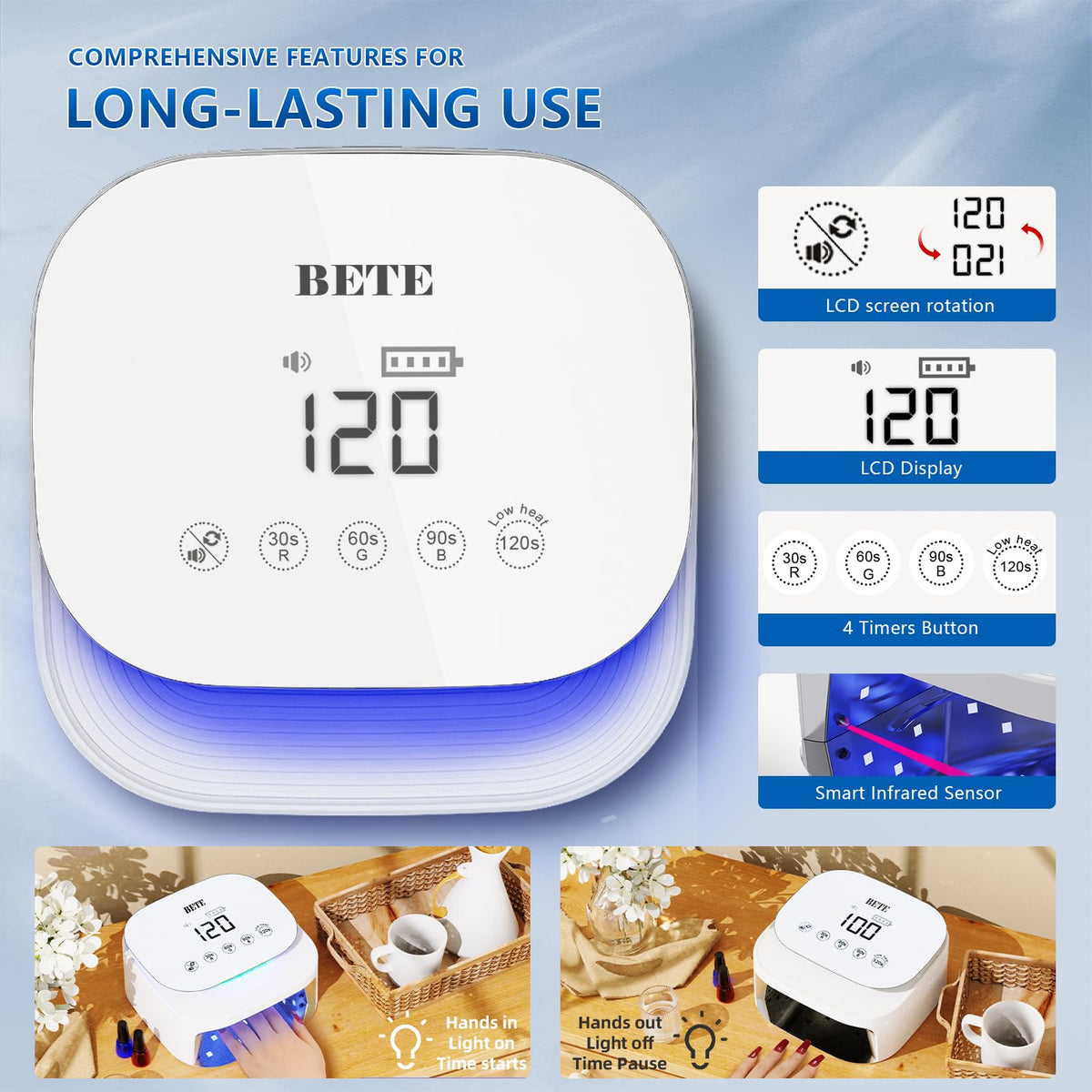 BETE nail lamp LCD display and infrared sensor for automatic timed curing