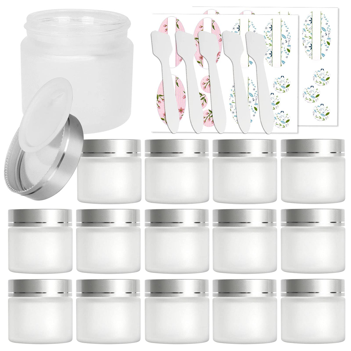 Betrome 2oz frosted glass jar with silver lid and inner liner for secure cosmetic storage.