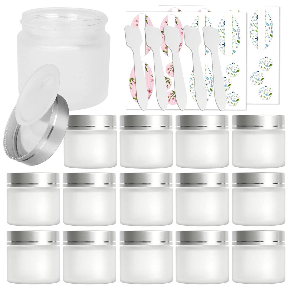 Betrome 2oz frosted glass jar with silver lid and inner liner for secure cosmetic storage.