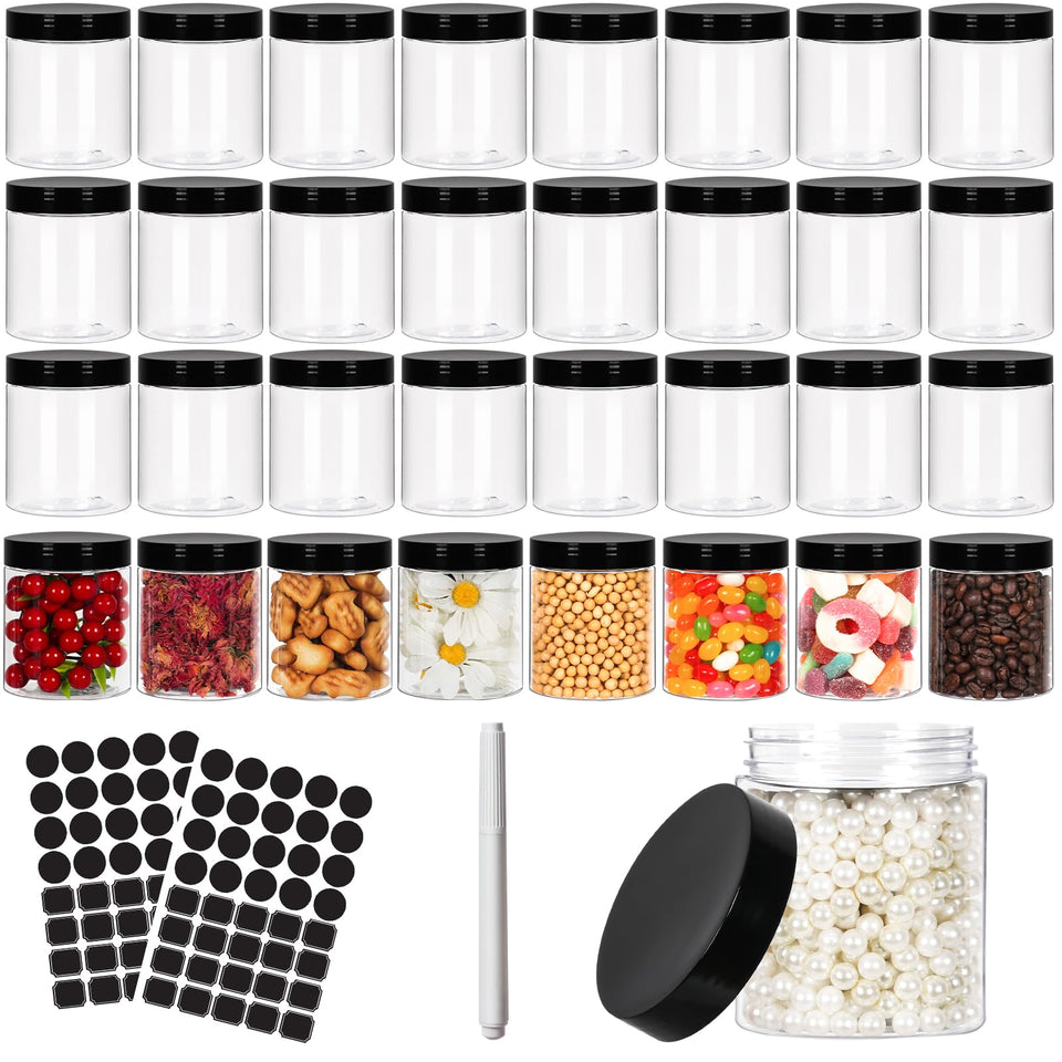 Betrome 8 oz clear jar with black lid, front view for storage.
