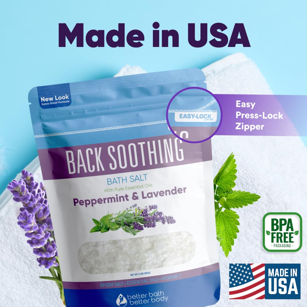 Better Bath Better Body Back Soothing Bath Salt USA made packaging emphasizes quality.