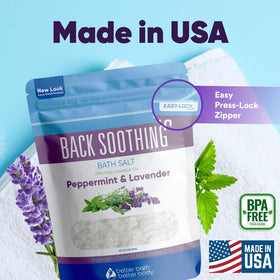 Better Bath Better Body Back Soothing Bath Salt USA made packaging emphasizes quality.