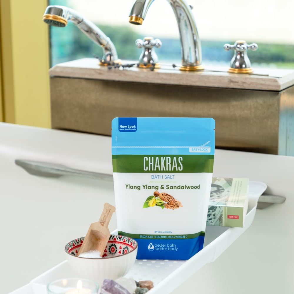 Natural ingredients display with USP-grade Epsom salt and pure essential oils in Chakras bath salt