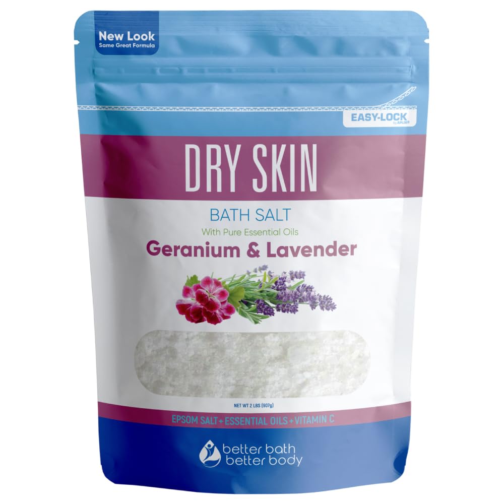 Better Bath Better Body dry skin bath salt in a pouch for easy soaking and storage.