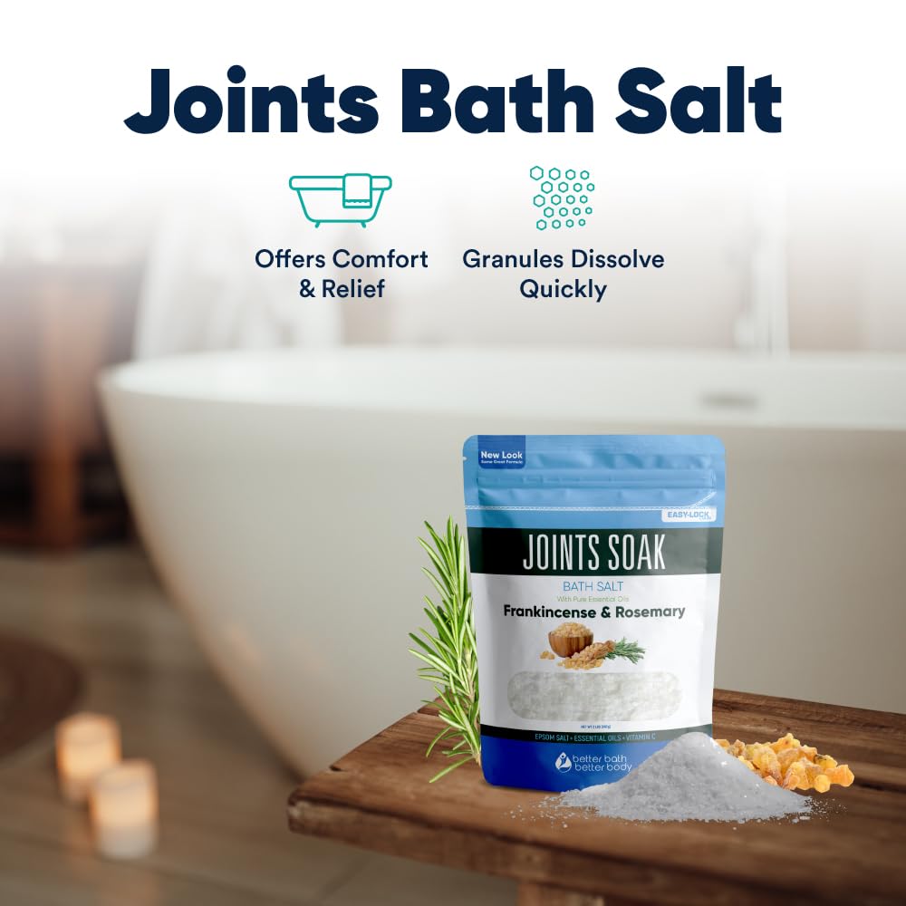 Better Bath Better Body Joints Soak dissolving salt in water demonstrates a soothing bath.