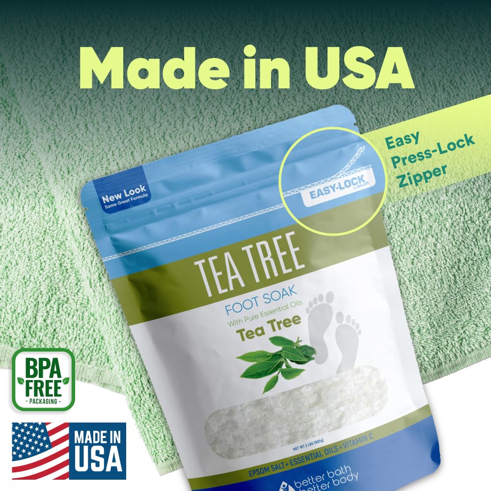 Better Bath Better Body Tea Tree Foot Soak made in USA packaging supports quality care