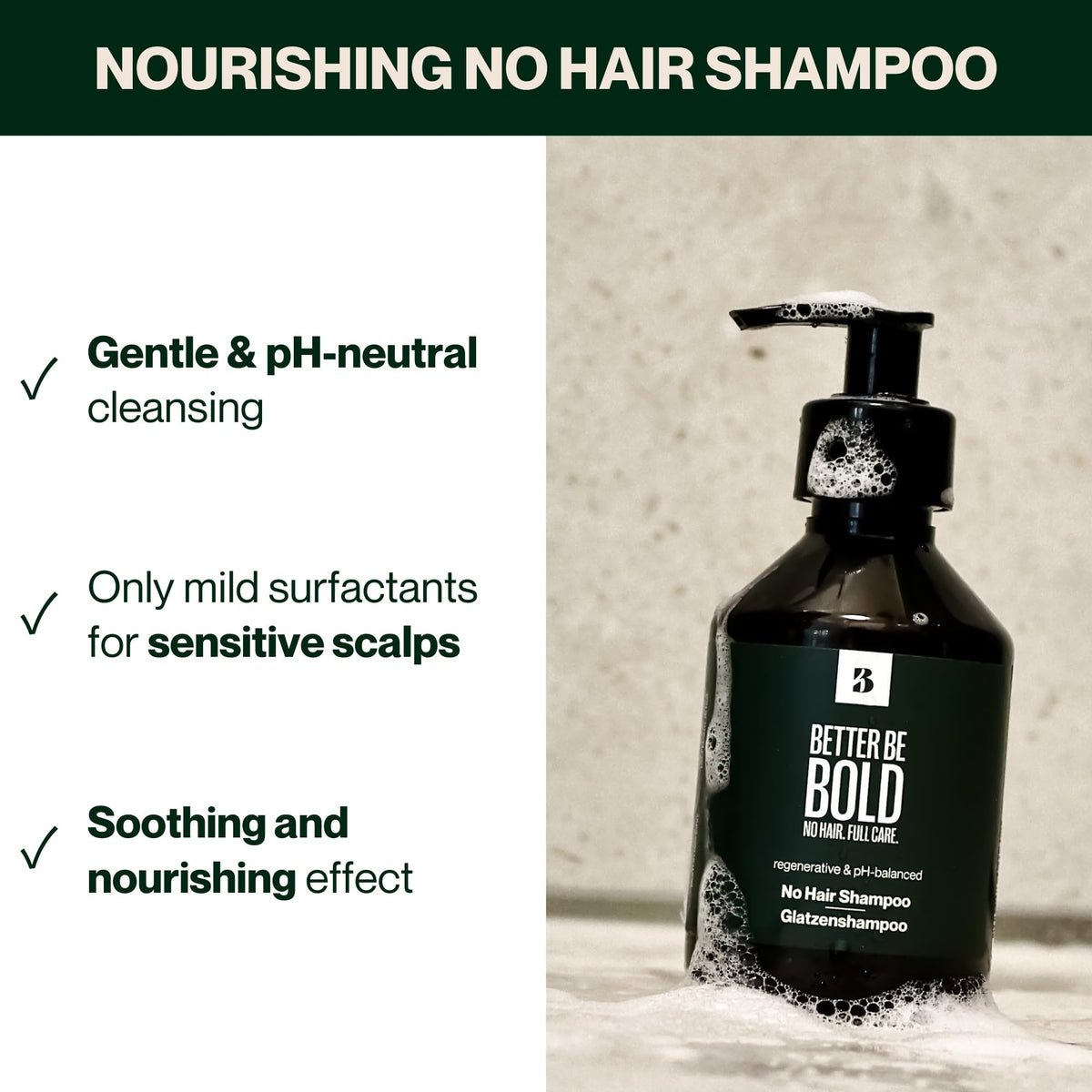 BETTER BE BOLD No Hair Shampoo bottle top view for everyday use on bald scalps