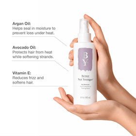 Better Not Younger hair mist applied to damp hair for even distribution and frizz control
