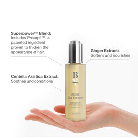 Better Not Younger hair thickening serum pump-dispense enables easy, mess-free application.