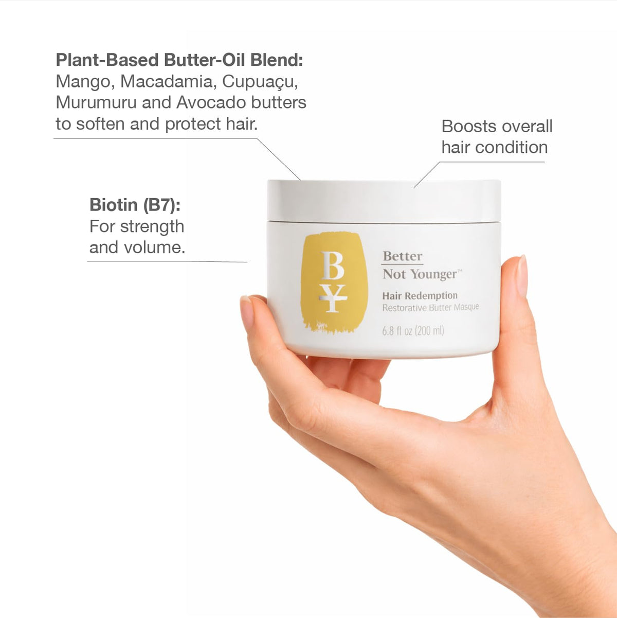 Cream-texture close-up of Better Not Younger Restorative Butter Hair Masque with silky feel