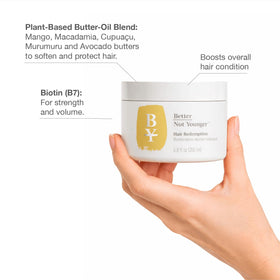 Cream-texture close-up of Better Not Younger Restorative Butter Hair Masque with silky feel