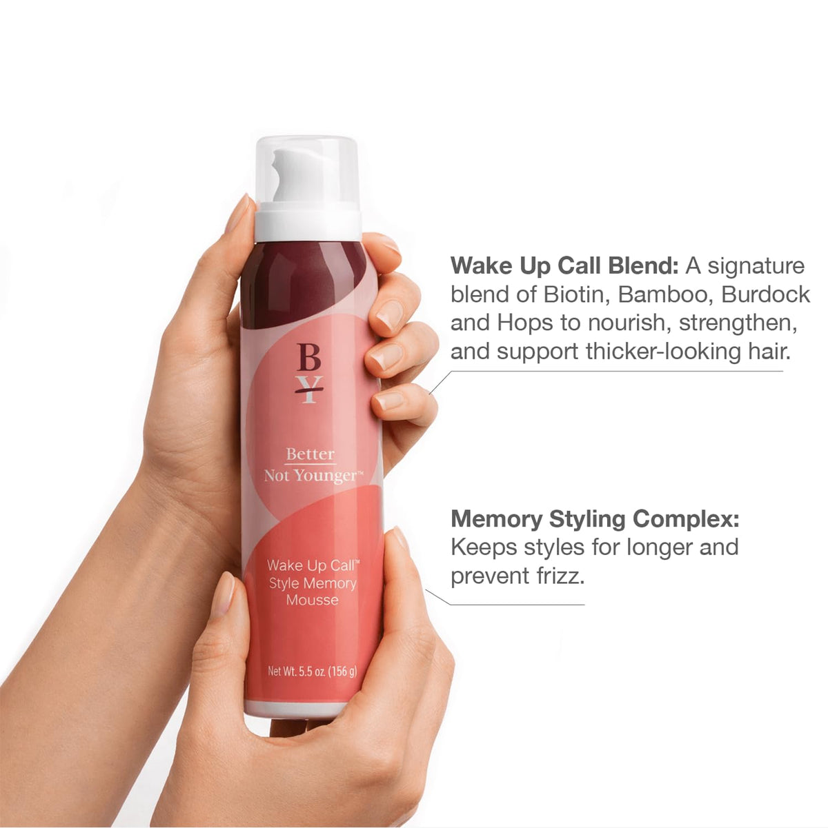 Better Not Younger Volumizing Mousse dispensing egg-sized amount for easy styling.