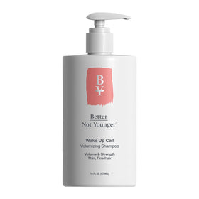 Better Not Younger Wake Up Call biotin shampoo bottle shows color-safe cleansing.