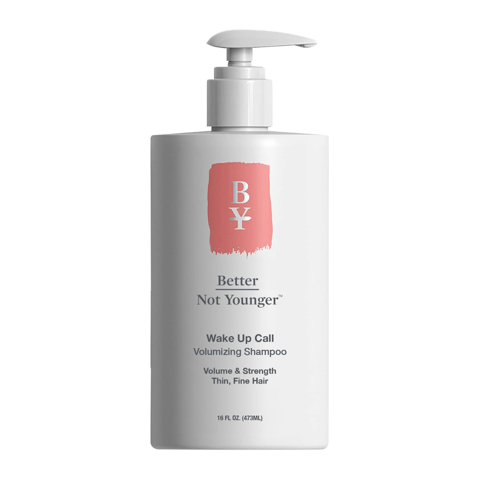 Better Not Younger Wake Up Call biotin shampoo bottle shows color-safe cleansing.