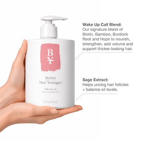 Better Not Younger Wake Up Call biotin shampoo foam ready for lather.