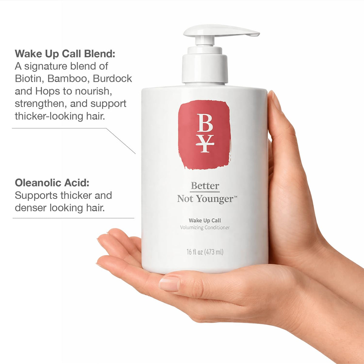 Better Not Younger Wake Up Call bottle pour highlights lightweight lift for daily volume.