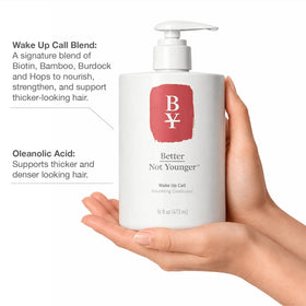 Better Not Younger Wake Up Call bottle pour highlights lightweight lift for daily volume.