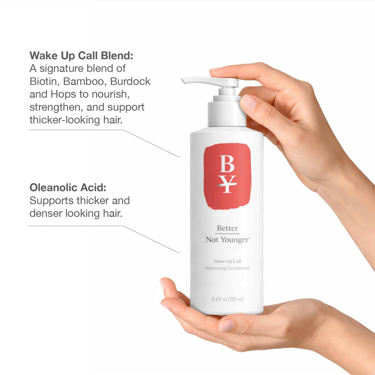 Better Not Younger Wake Up Call shampoo bottle close-up shows lightweight, volumizing formula.