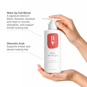 Better Not Younger Wake Up Call shampoo bottle close-up shows lightweight, volumizing formula.