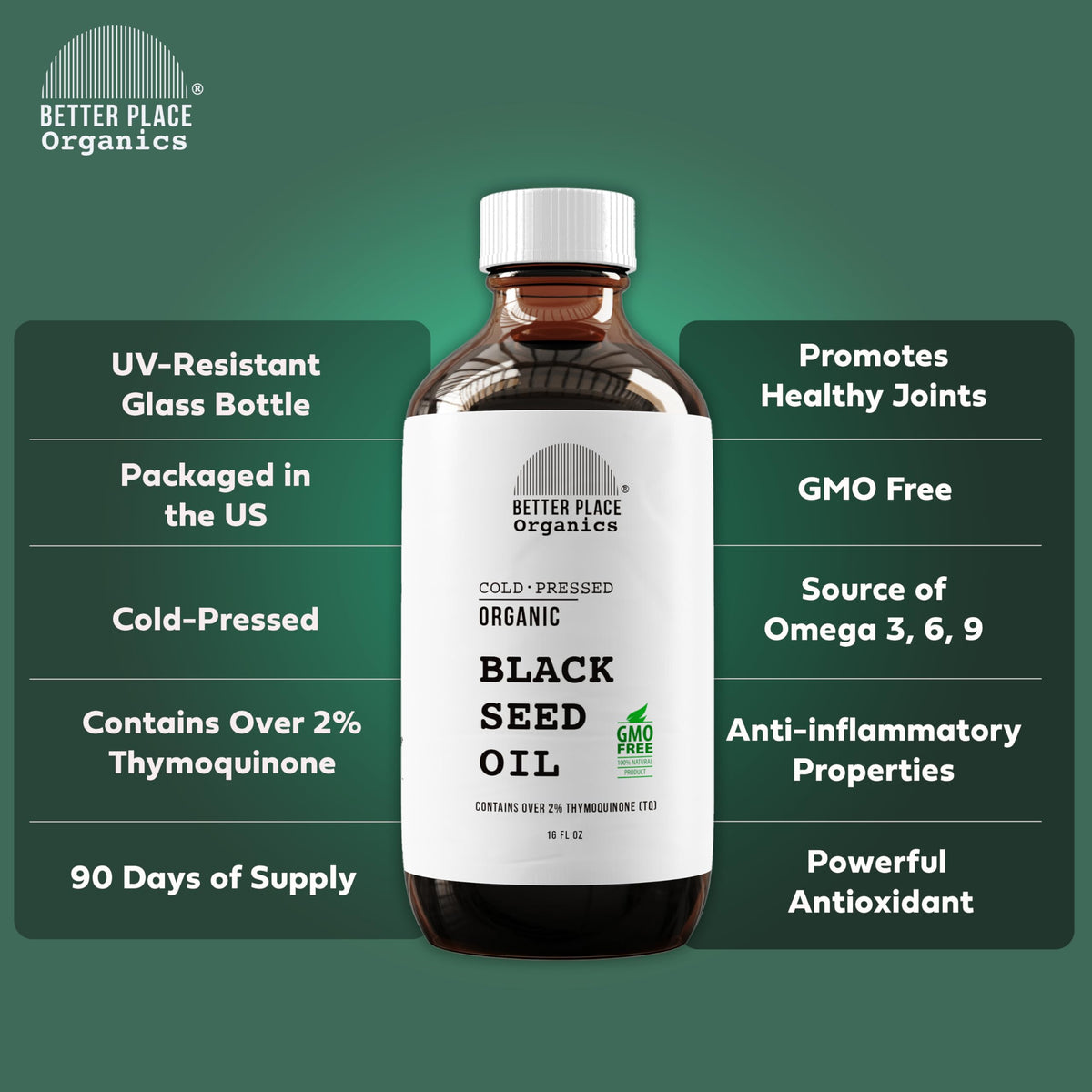 BETTER PLACE ORGANICS black seed oil bottle label, organic and additive-free for external use