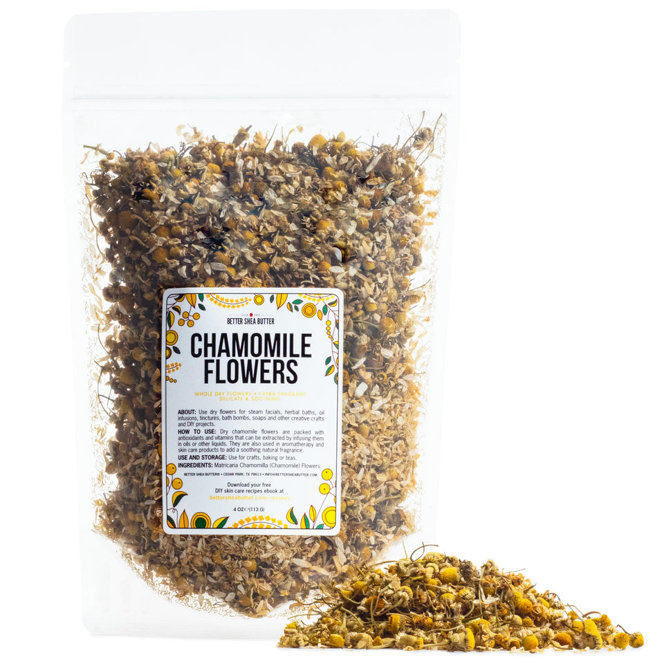 Better Shea Butter dried chamomile flowers bulk for soothing tea and skin care.
