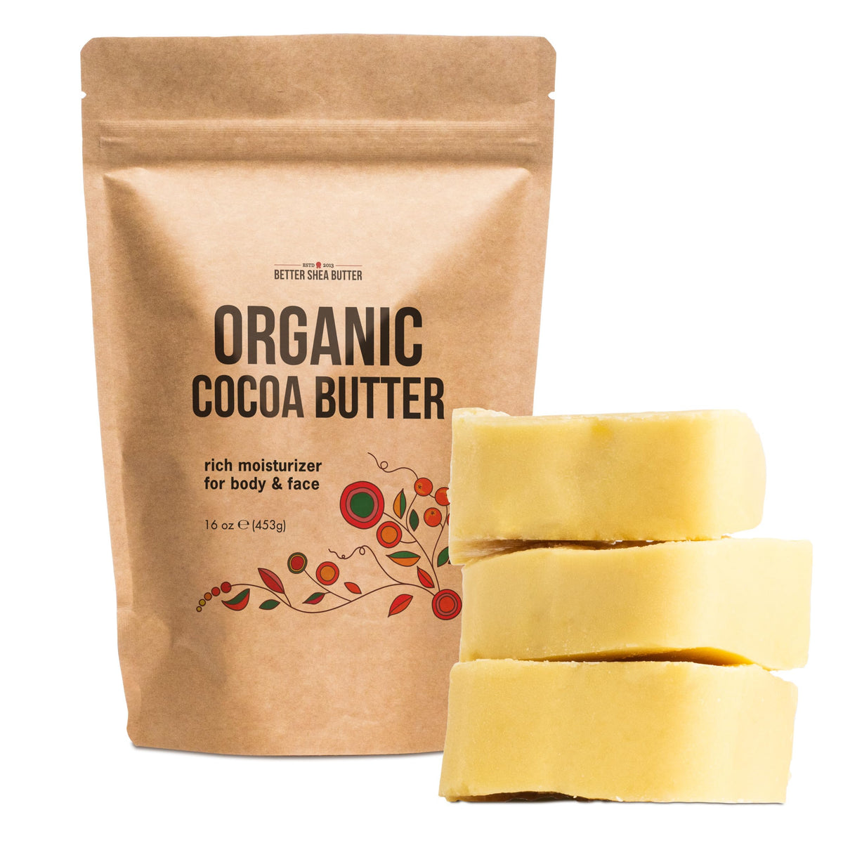 Better Shea Butter Organic Cocoa Butter block in raw form for deep skin nourishment