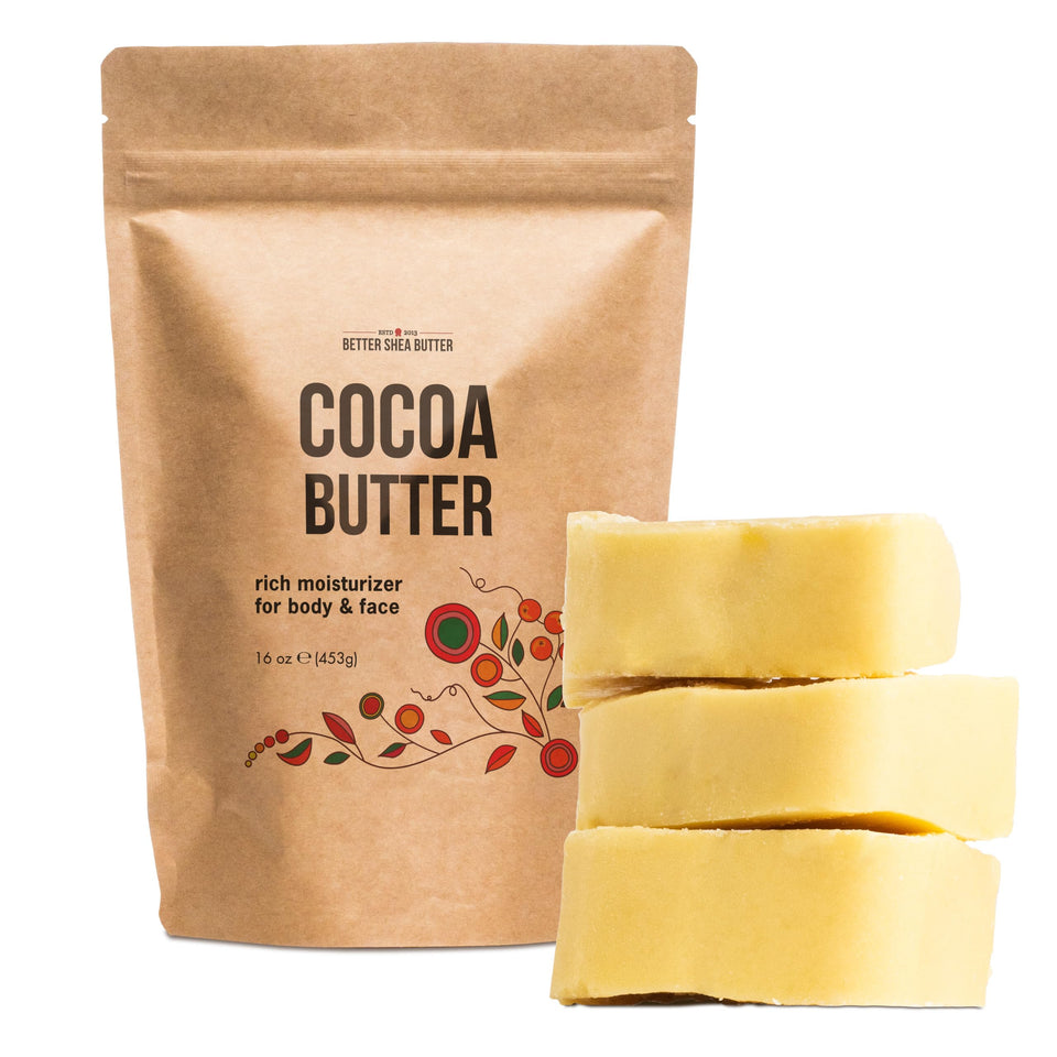 Better Shea Butter raw cocoa butter block for deep moisturization in daily skincare.